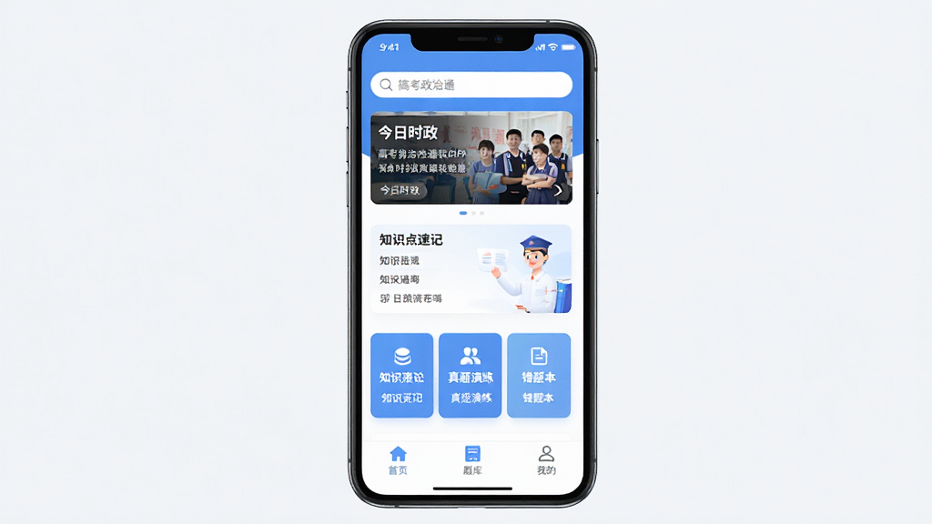 �߿�����ͨ����������ȫòչʾ������������һ�������ֻ�����Ļ����ʾ�߿�����ͨAPP����ҳ��������������ͽ���ʱ���ֲ�ͼ���м���֪ʶ���ټǡ��������������Ȿ�����ܿ�Ƭ���ײ�����ҳ����⡢�ҵ�����ѡ���������ɫΪ������䣬��������£����ʸɾ����޶���Ԫ��