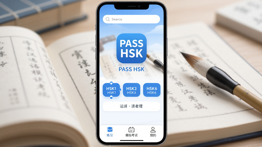 PASS HSK ���￼�Ա���Ӧ��������ȫòչʾ���ֻ���Ļ������ʾ PASS HSK Ӧ��ͼ������ƣ���������͵��鱾��ë��Ԫ�أ����沼�����������������������м��� HSK1 �� HSK6 �ȼ�ѡ��ť���ײ�Ϊ��ϰ��ģ�⿼�ԡ��ҵ�����ѡ���������ִ�������Ϊ��ɫ����ϸ��Բ�󣬻��ʸɾ��޶���Ԫ��