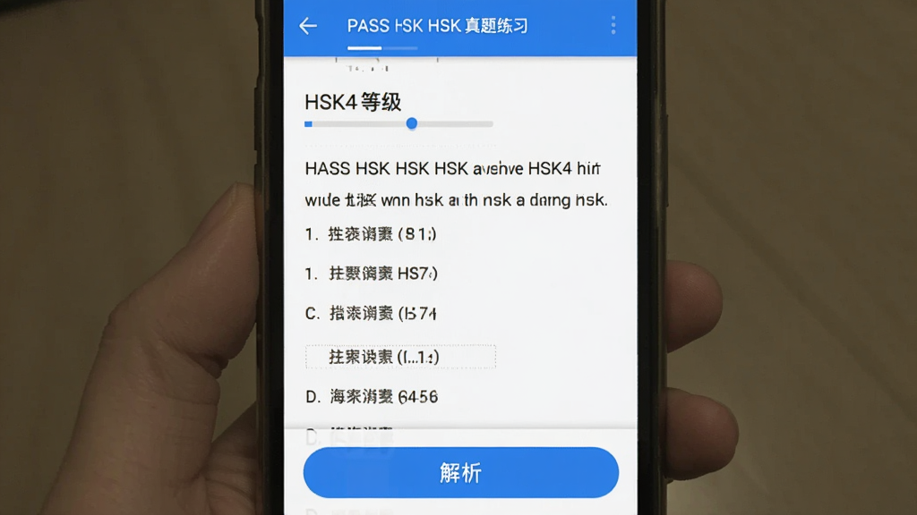 PASS HSK Ӧ���� HSK ������ϰ�����ͼ���ֻ���Ļ��ʾһ�� HSK4 ���Ķ������⣬��Ŀ��ѡ�������ɼ����·��н�����ť�����涥����ʾ��ǰ�ȼ��ͽ�����������࣬������ɫ�������Ű����룬���ʸɾ�