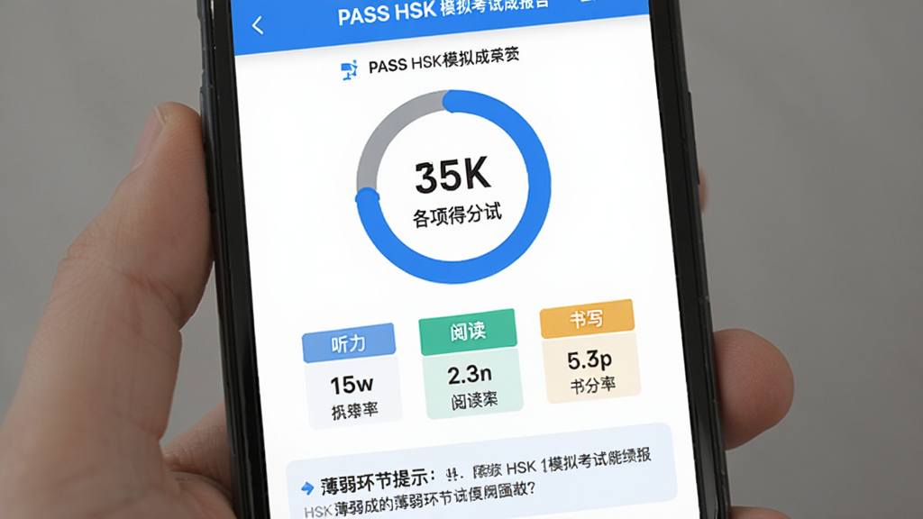 PASS HSK ģ�⿼�Գɼ�����ҳ�棬�ֻ���Ļ��ʾԲ�η���ͼ���͸���÷��ʣ��������Ķ�����д�������ò�ͬ��ɫ��ע���·��б���������ʾ���֣��������ִ���ƽ��������ɫ�����ݿ��ӻ����������ʸɾ��޶���Ԫ��