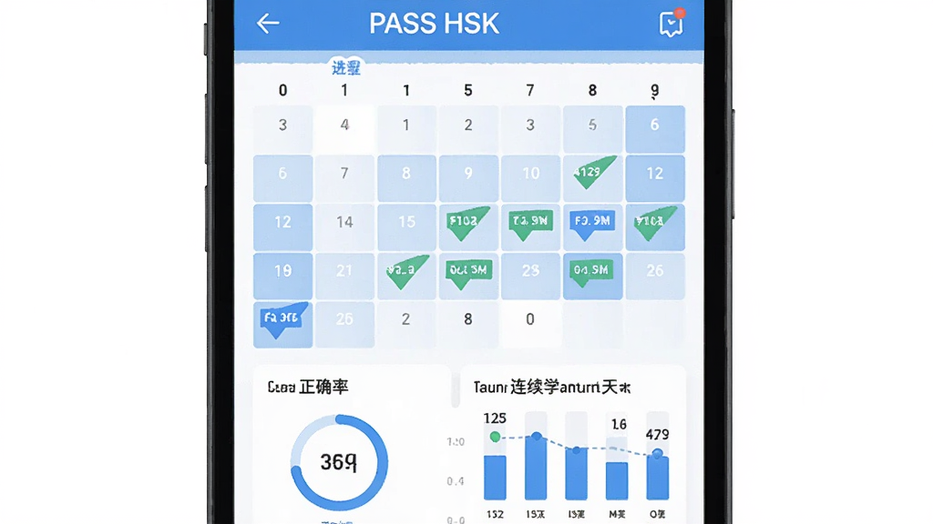 PASS HSK ѧϰ����׷��ҳ�棬�ֻ���Ļ��ʾ������ͼ��ͳ�����ݣ���������ѧϰ��ǣ��·�����ȷ�ʺ�����ѧϰ����ͼ�����������ִ���ƽ��������ɫ������չʾ���������ʸɾ��޶���Ԫ��