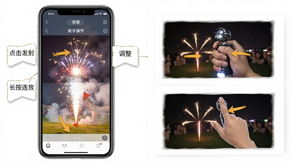 辉煌烟火燃放场 新手操作指引图 主体是手机界面标注操作箭头 布局为左右分栏 排版直观 风格教程图解 细节包含点击发射、滑动调整、长按连发等手势标注 画质清晰 干净 无多余元素