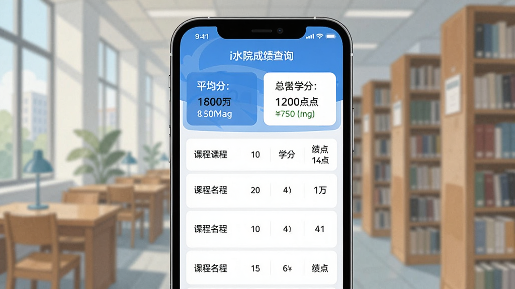 һ��չʾiˮԺApp�ɼ���ѯ������ֻ���ͼ���廭���������ֻ���Ļ����ʾ�ɼ��б���ÿ�а����γ����ơ�ѧ�֡��ɼ��ͼ��㣬������ƽ���ֺ���ѧ��ͳ�ƿ�Ƭ��������У԰ͼ��ݳ����黯�����������¼�࣬��ɫ���ף��������������ʸɾ����޶���Ԫ��