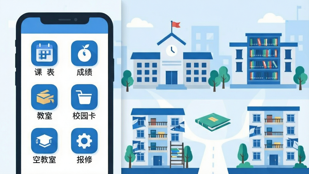 һ��չʾiˮԺApp���ܼ��ɽ���ı�ƽ���廭������������ֻ���Ļ����Ļ����������ʽ�����ſα����ɼ����ɷѡ��ս��ҡ�У԰�������޵�ͼ�꣬�Ҳ���չ����У԰�����廭��������ѧ¥��ͼ��ݡ�����¥��Ԫ�أ��������ִ���ƽ����ɫ������Ϊ�������ֱ�ǩ���������ʸɾ����޶���Ԫ��