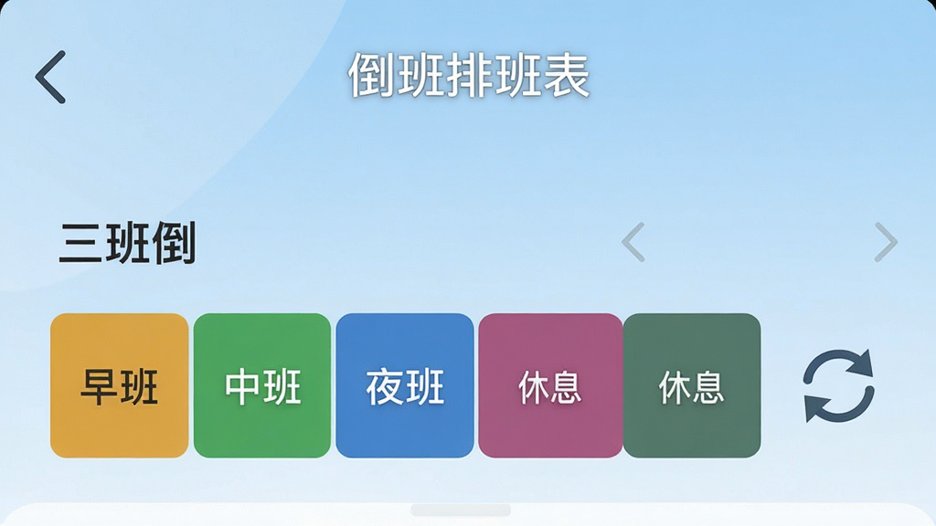 一张展示“倒班排班表”轮班周期设置界面的手机截图风格图片,画面中用户正在选择“三班倒”模板,下方显示早班、中班、夜班、休息四个色块依次排列,右侧有自动循环箭头图标,背景为浅蓝色渐变,整体风格简洁清爽,画质干净,文字清晰