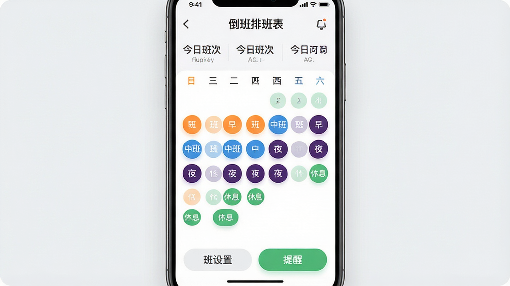 手机屏幕竖版展示“倒班排班表”App主界面,顶部显示月份和今日班次,中间是彩色圆点标记的日历排班视图,早班用橙色、中班用蓝色、夜班用深紫色、休息用绿色,底部有班次设置和提醒按钮,背景干净浅灰,风格现代扁平,细节圆润,画质清晰,无多余元素