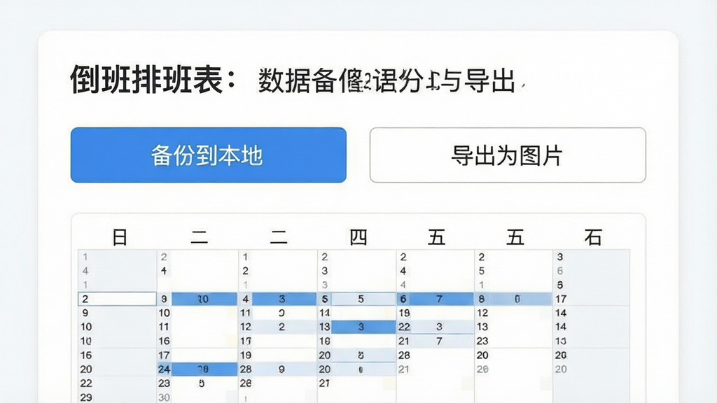 一张展示“倒班排班表”数据备份与导出功能的界面图,画面中有“备份到本地”“导出为图片”两个按钮,下方显示排班日历缩略图,背景为白色卡片式布局,风格简约,画质干净,文字清晰无多余元素