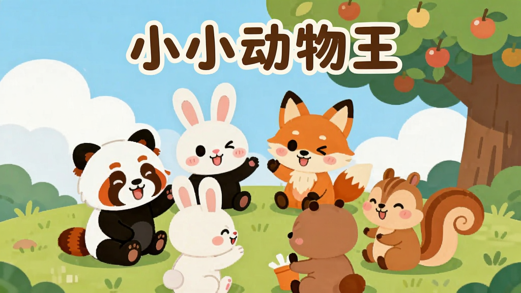 ����������һȺ�ɰ��Ŀ�ͨС�������С��è��С���ӡ�С�����С��������Χ��һ��ԲȦ������ɫ�Ĳݵ��ϣ�������������ƺ�һ�ý�����ʵ�Ĵ���������������ů�����ı�ƽ�廭�磬ɫ��������ͣ����ֲ��þ��жԳƹ�ͼ���Ű���󷽣�ϸ����С�����Ǳ��鿪�ģ��е��������е���գ�ۣ����������ɾ����޶���Ԫ�أ�ͼƬ�Ϸ���Բ������д�š�СС��������