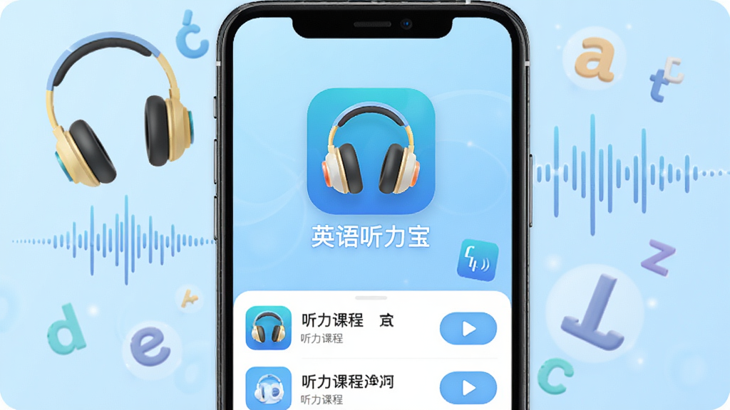 Ӣ��������App������ȫòչʾ���ֻ���Ļ������Appͼ������ơ�Ӣ�����������������ǵ���ɫ���䣬��Χ�����Ŷ�������Ƶ���Ρ�Ӣ����ĸ��ѧϰԪ�أ������·���ʾ�����γ��б��Ͳ��Ű�ť�����������¼�࣬���ʸɾ��������޶���Ԫ��
