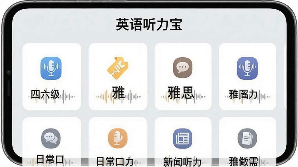 Ӣ��������App������Դ������棬�ֻ���Ļ��ʾ��Ӣ�������������⣬�·����������еĿγ̷��࿨Ƭ��������������������˼�����ճ�����������������ȱ�ǩ��ÿ�ſ�Ƭ���ж�Ӧ��ͼ�����Ƶ����װ�Σ�����Ϊǳ��ɫ������Լ�ִ������ʸɾ����޶���Ԫ��
