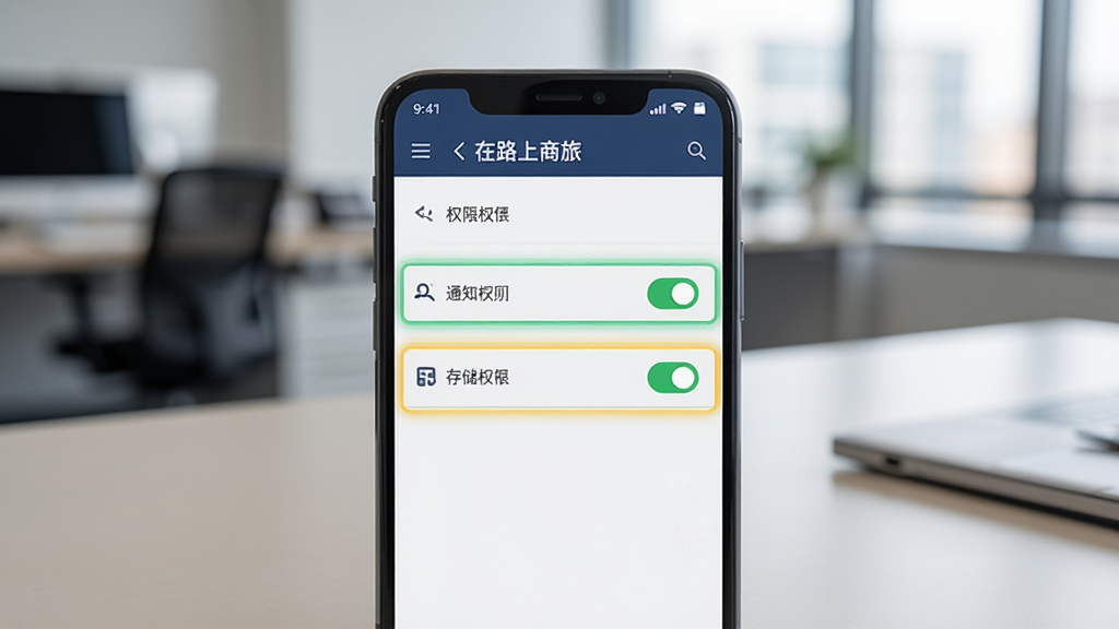 һ����׿�ֻ����������ϣ���Ļ��ʾ����·�����á�App��Ȩ������ҳ�棬ҳ����֪ͨȨ�޺ʹ洢Ȩ�ޱ�������עΪ�ѿ���״̬��������ģ���İ칫�һ�����������дʵ��������Ȼ����������������ɾ�������Ԫ��