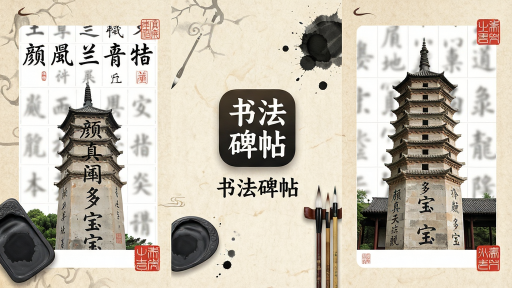 �ֻ���Ļչʾ�鷨����App�����棬���������ǡ��鷨������Ӧ��ͼ������ƣ���������չʾ����֮��ͤ��������౦�����ȸ�������ҳ�棬�����ǹŷ���ֽ�����ͱ�īԪ�أ����ֲ�������ʽ�Ű棬���Ϊ�й����Լ��ƣ�ϸ�ڰ���ë�ʡ���̨��ӡ�µ�׺�����������ɾ����޶���Ԫ��
