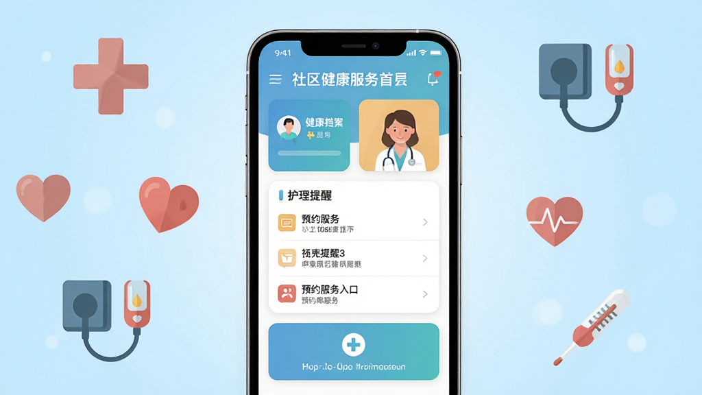 ��������App������ȫòչʾ���ֻ���Ļ���з��ã���Ļ����ʾ��������������ҳ����������������Ƭ�����������б���ԤԼ������ڣ�����Ϊǳ��ɫ���䣬��Χ����ҽ��ʮ�֡����ġ�Ѫѹ�ơ����¼Ƶȱ�ƽ��ͼ��Ԫ�أ���������ů���£��Ű�ɾ����࣬�����������޶���Ԫ��