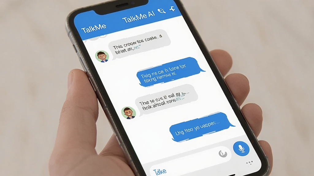 һ��չʾTalkMe AI�Ի������ͼƬ���������ֻ���Ļ����ʾ�û���AI���ڽ��ж���Ӣ��Ի����Ի����ݽ������У�����ײ���������������ť��������