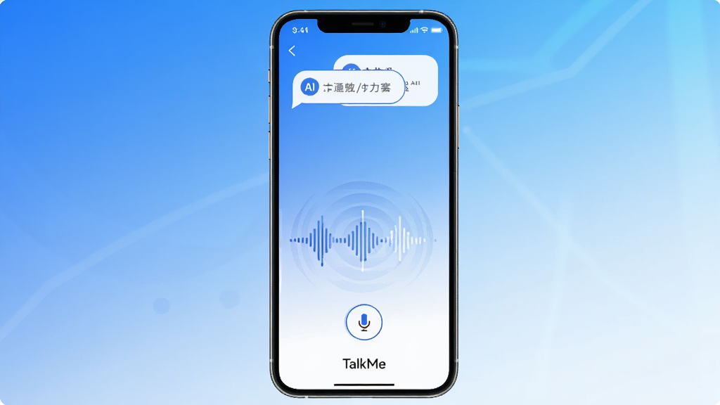 һ��չʾTalkMe�������빦�ܵ�ͼƬ���������ֻ���Ļ��ʾ�û����ڰ�ס������ť˵������Ļ�����������ƶ�����AI�ظ����ݳ������Ϸ�������ײ���