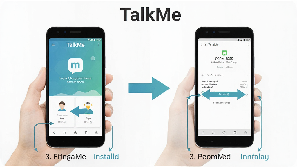 һ��չʾTalkMe��׿�ֻ���װ�����ʾ��ͼ���������ֻ���Ļ��ʾ��װ�����Ȩ������ҳ�棬�Ա��м�ͷָʾ�������裬���涥����