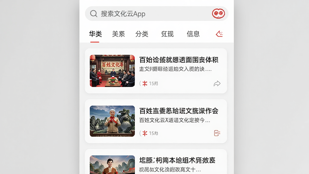 �����Ļ���App��Ѷҳ���ͼ��ҳ������Ϣ����ʽչʾ���������Ļ����ſ�Ƭ��ÿ����Ƭ��������ͼ�ͱ��⣬������������ͷ����ǩ�������沼����������ɫ�԰�ɫ��ǳ��ɫΪ������׺������ɫͼ�꣬���ʸɾ��޶���Ԫ��