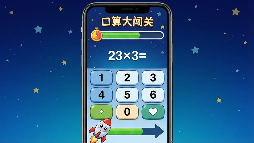 ���꼶��ѧ�ϲ�App����������ս���ܽ���ͼ������������һ���ֻ���Ļ����Ļ����ʾ�š�����󴳹ء�����Ϸ�����棬�����ǵ���ʱ���������м���һ����23��3=������ʽ���������ּ��̣��ײ��пɰ��Ŀ�ͨС�����Ϊ���ؽ��ȱ�ʶ������������ɫ���ǿս��䣬��������Ȥ���Ű���գ������������޶���Ԫ��