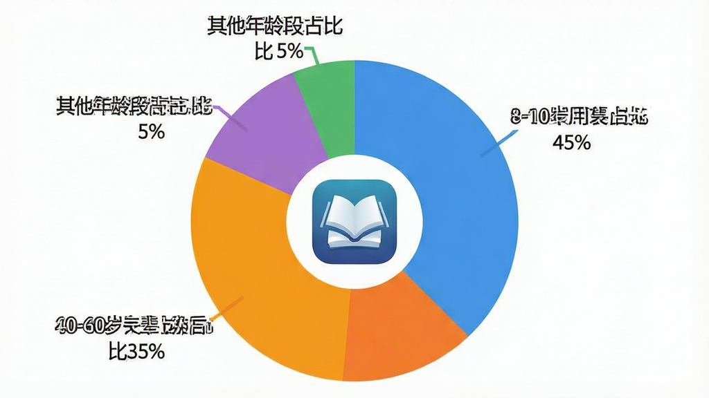 һ��չʾ���꼶��ѧ�ϲ�App�û�����ֲ��ı�״ͼ��ͼ��������Appͼ�꣬��Χ�ò�ͬ��ɫ�����������ע�š�8-10���û�ռ��45%������30-40��ҳ�ռ��35%������40-60�곤��ռ��15%���������������ռ��5%���������Ǹɾ��İ�ɫ����������ݿ��ӻ����Ű����������ʸɾ����޶���Ԫ��
