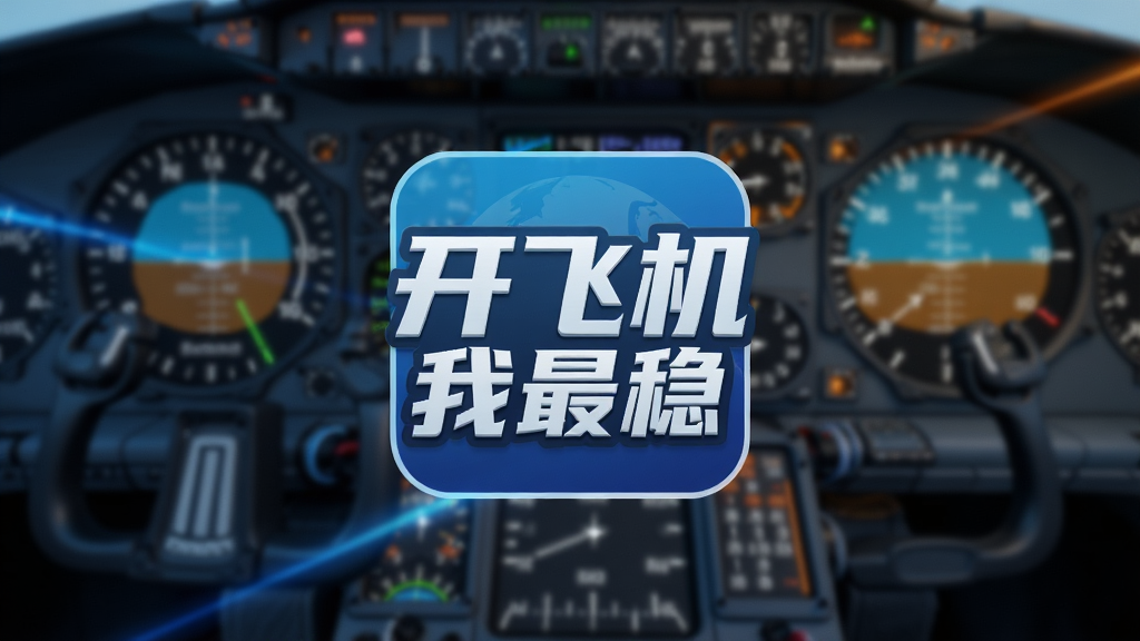 一张充满科技感的手机屏幕截图,画面中央是“开飞机我最稳”的软件Logo,背景是模拟飞行驾驶舱的仪表盘虚化画面,有蓝色和橙色的光效点缀,整体风格简洁现代,画质清晰,无多余元素。
