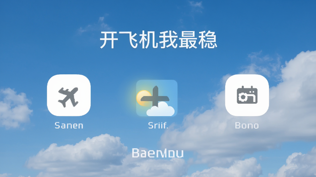 一张手机应用界面的截图,展示“开飞机我最稳”的简洁主菜单,只有几个功能图标,没有广告横幅,背景是天空和云朵的图片,风格清新,画质干净。