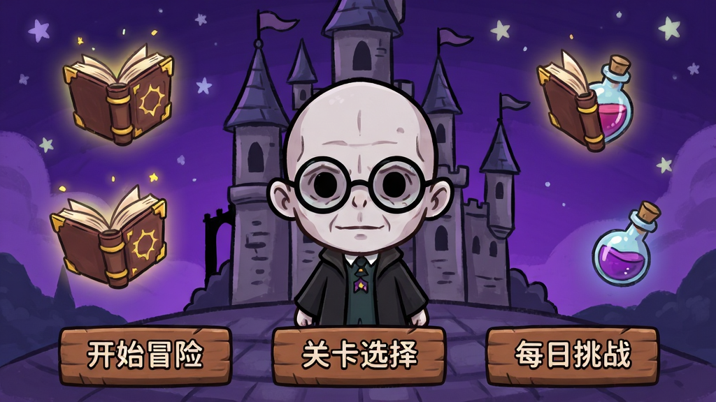 我才是伏地魔 游戏主界面全貌展示,画面中央是一个戴着圆框眼镜的Q版小魔法师站在复古城堡前,周围漂浮着发光的魔法书和药水瓶,背景是深紫色夜空与繁星,画面下方排列着“开始冒险”“关卡选择”“每日挑战”三个木质风格按钮,整体采用卡通手绘风格,色彩鲜艳,细节丰富,画质干净,无多余元素