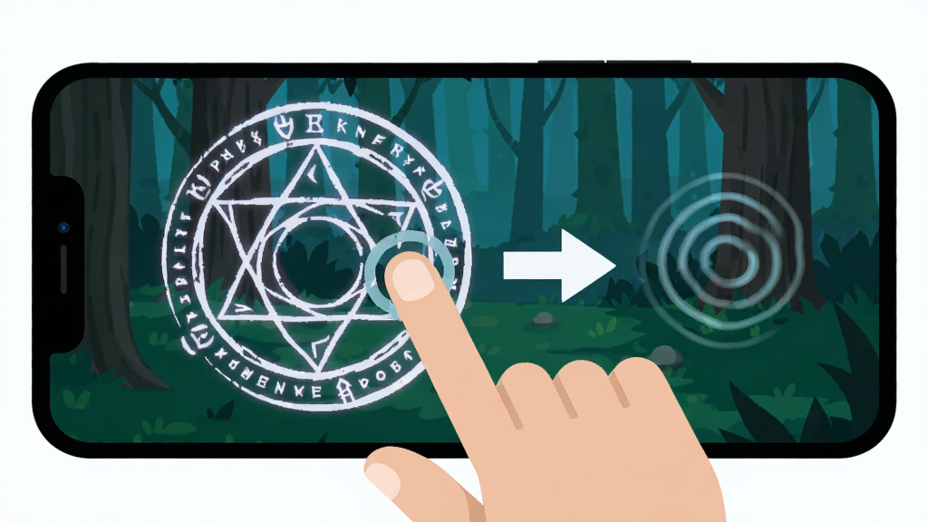 我才是伏地魔 操作手势示意图,画面中一只手正在点击屏幕上的魔法阵,旁边有拖拽箭头和长按波纹的视觉提示,背景是游戏内的森林场景,采用扁平化UI风格,颜色对比鲜明,画质干净,无多余元素