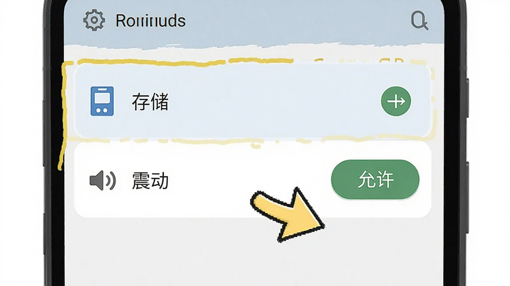 我才是伏地魔 手机设置权限界面示意图,画面展示安卓手机的权限管理页面,高亮显示“存储”和“震动”两个权限选项,旁边有卡通箭头指向“允许”按钮,背景简洁,采用扁平化设计风格,画质干净,无多余元素