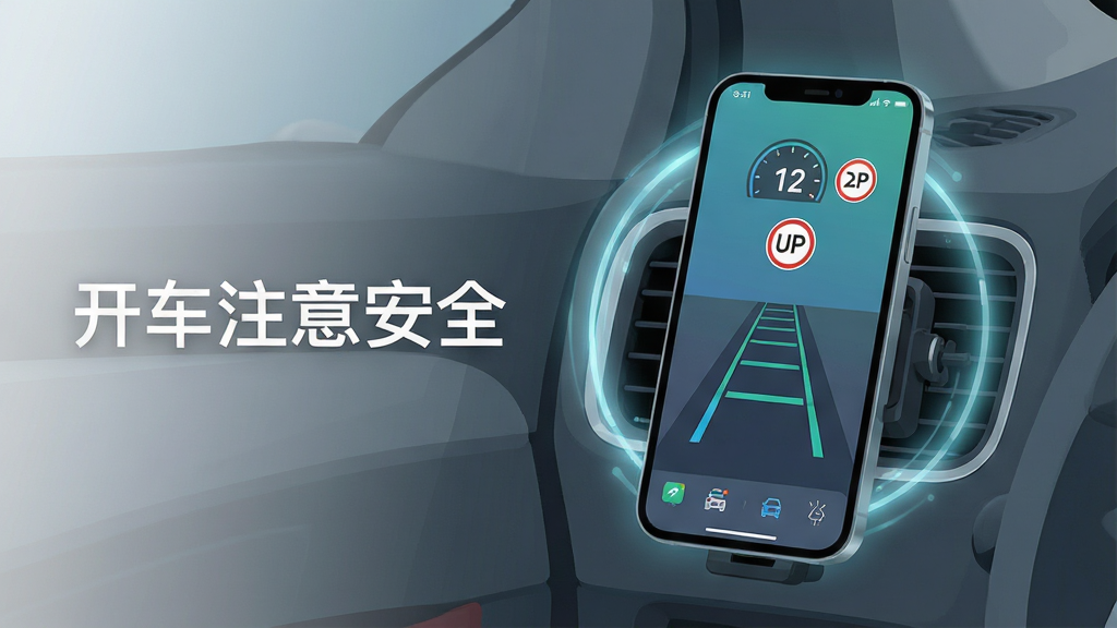 一张展示开车注意安全软件核心全貌的图片。画面主体是一部固定在汽车出风口的智能手机,手机屏幕亮着,显示着简洁的行车辅助界面,上面有车速数字、限速图标和车道线。手机周围环绕着淡淡的科技感光晕。布局上,手机位于画面中央偏右,左侧留白处用白色无衬线字体写着“开车注意安全”。整体风格是现代扁平化科技风,细节清晰,画质干净,无多余元素。
