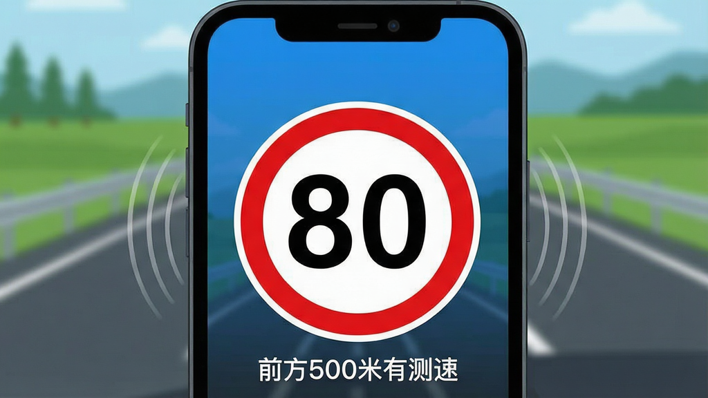 一张展示开车注意安全软件智能限速提醒功能的图片。画面主体是手机屏幕特写,屏幕上显示着一个大大的圆形限速标志“80”,下方有一行小字“前方500米有测速”。屏幕边缘有轻微的震动波纹效果。布局上,手机屏幕填满画面,背景是模糊的公路风景。风格是简洁的扁平化设计,色彩对比鲜明,画质干净,无多余元素。