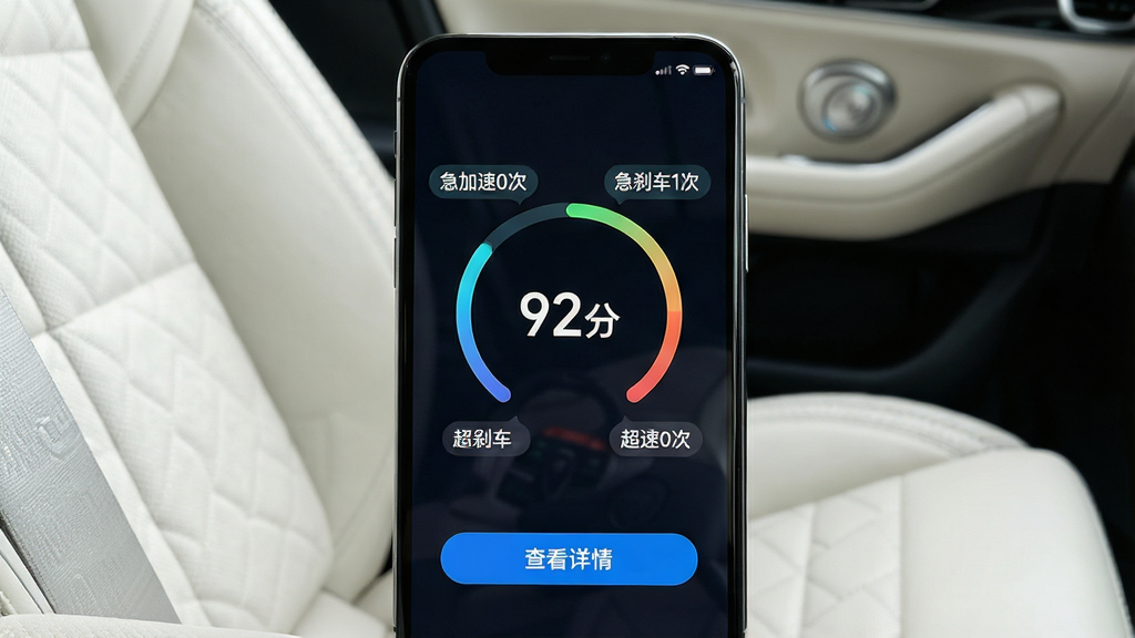 一张展示开车注意安全软件驾驶行为分析功能的图片。画面主体是一个手机屏幕,屏幕上显示着一个圆环形的评分图表,中间写着“92分”,周围环绕着“急加速0次”、“急刹车1次”、“超速0次”的小标签。屏幕下方有一个“查看详情”的按钮。布局上,手机屏幕居中,背景是干净的车内座椅纹理。风格是数据可视化风格,图表清晰,画质干净,无多余元素。