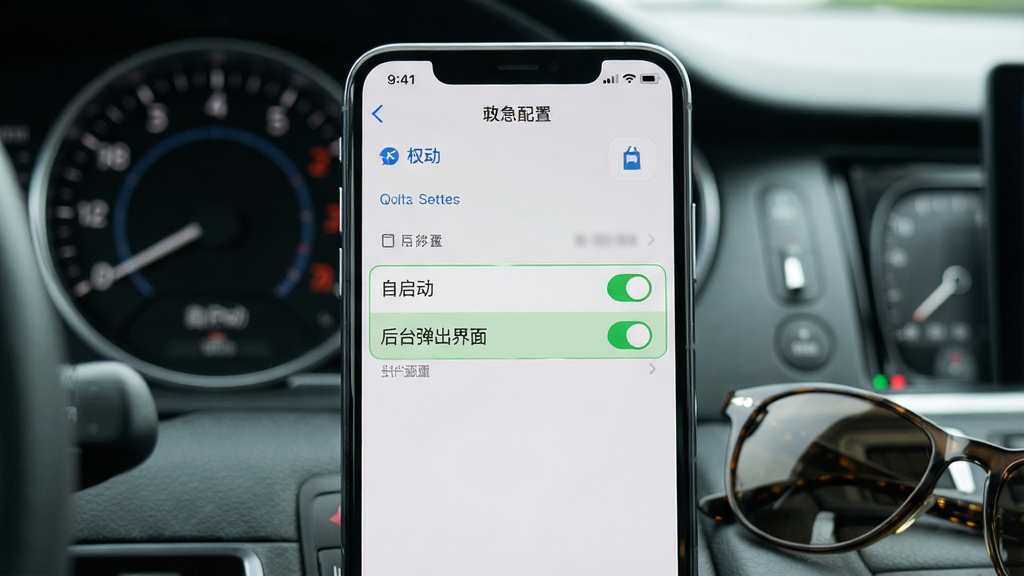一张展示开车注意安全软件在手机设置中权限配置界面的图片。画面主体是手机屏幕,屏幕上显示着应用权限管理页面,高亮标注了“自启动”和“后台弹出界面”两个选项为开启状态。屏幕旁边放着一副墨镜。布局上,手机屏幕居中,背景是虚化的汽车仪表盘。风格是写实的UI截图风格,细节清晰,画质干净,无多余元素。