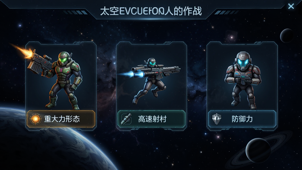 太空进化人作战 角色进化界面 三个进化分支选项悬浮在空中 左侧是重火力形态 中间是高速射击形态 右侧是防御形态 背景是深邃宇宙 风格科幻 排版整齐 画质干净