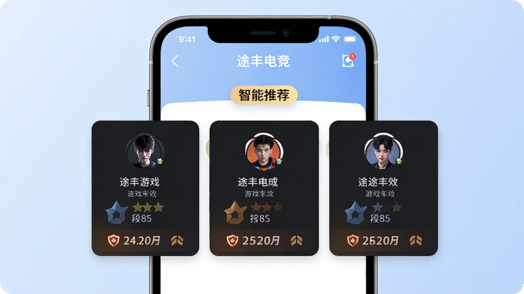 ;��羺����ƥ�书��չʾ��������һ���ֻ���Ļ��ʾ;��羺APP�Ķ���ƥ��ҳ�棬��Ļ�Ϸ�д�������Ƽ���ǩ���м�����������ƥ��ɹ����û���Ƭ��ÿ����Ƭ����ͷ����Ϸ���ơ���λ�ͽӵ��۸񣬱����ǵ�������ɫ���䣬������ִ������ʸɾ��޶���Ԫ��