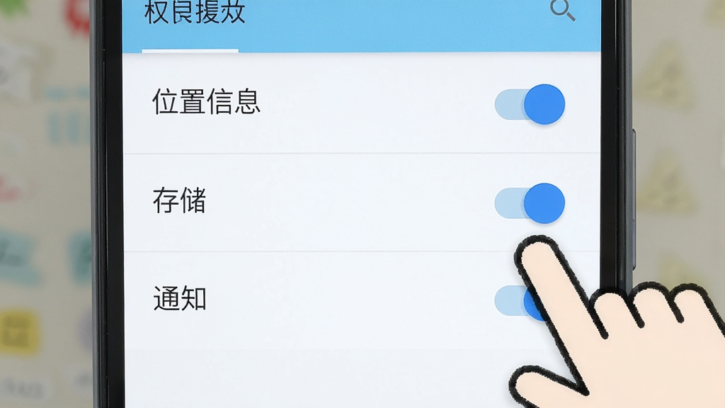 一张手机操作示意图,画面中显示安卓手机的权限设置页面,页面上有「位置信息」「存储」「通知」三个权限开关,旁边有手指图标正在点击开关,界面风格为原生安卓设置页面,浅色主题,画质清晰干净
