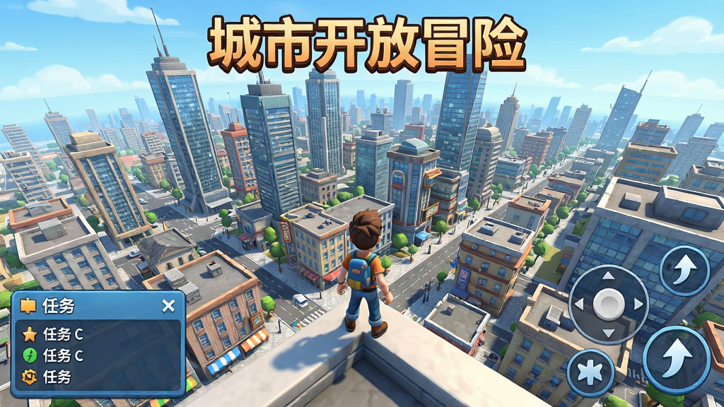 城市开放冒险游戏主界面全景展示,画面中央是繁华的现代都市俯瞰图,高楼大厦与街道交错,角色站在楼顶边缘眺望远方,左下角显示任务追踪面板,右下角是虚拟摇杆和跳跃按钮,整体色调明亮偏写实卡通风格,画面干净无多余UI遮挡,游戏名称