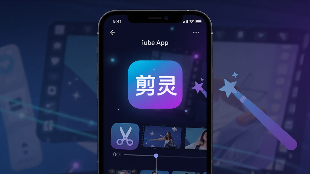 手机屏幕中央显示“剪灵”APP主界面,深色背景配霓虹蓝紫渐变光效,画面展示视频时间轴、剪刀图标、魔法棒特效图标,整体布局简洁有科技感,风格现代扁平化,细节圆润,画质干净清晰,无多余元素。