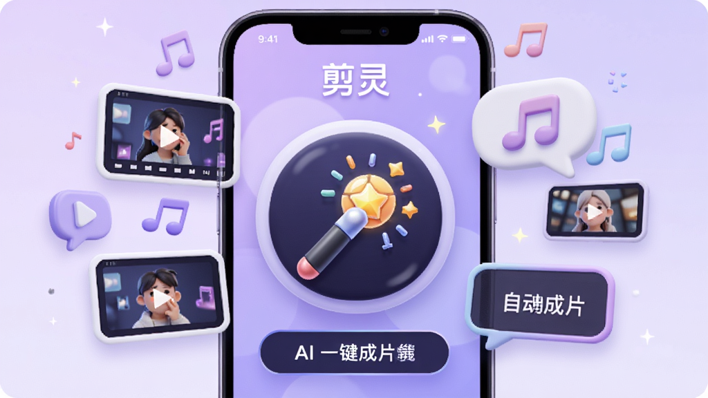 手机界面展示“剪灵”APP的AI一键成片功能,画面中央是智能魔法棒图标,周围环绕着视频片段、音乐符号和自动字幕气泡,背景为浅紫色渐变,风格卡通科技感,布局居中对称,细节精致,画质干净明亮,无多余元素。
