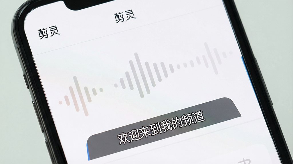 手机屏幕显示“剪灵”APP的语音转字幕界面,画面中有声波图标和自动生成的字幕条,字幕文字为“欢迎来到我的频道”,背景为浅色,风格清新简洁,布局上下结构,画质干净,无多余元素。