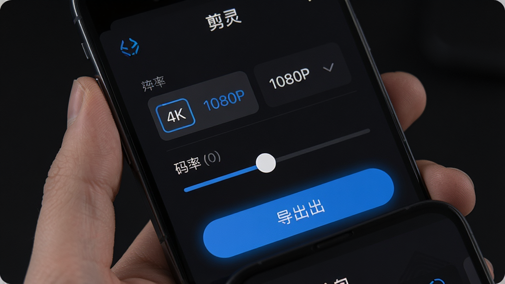 手机屏幕显示“剪灵”APP的导出设置界面,画面中有分辨率选项“4K”“1080P”、码率滑块和导出按钮,背景为深色,按钮有蓝色发光效果,风格简洁专业,布局清晰,画质干净锐利,无多余元素。