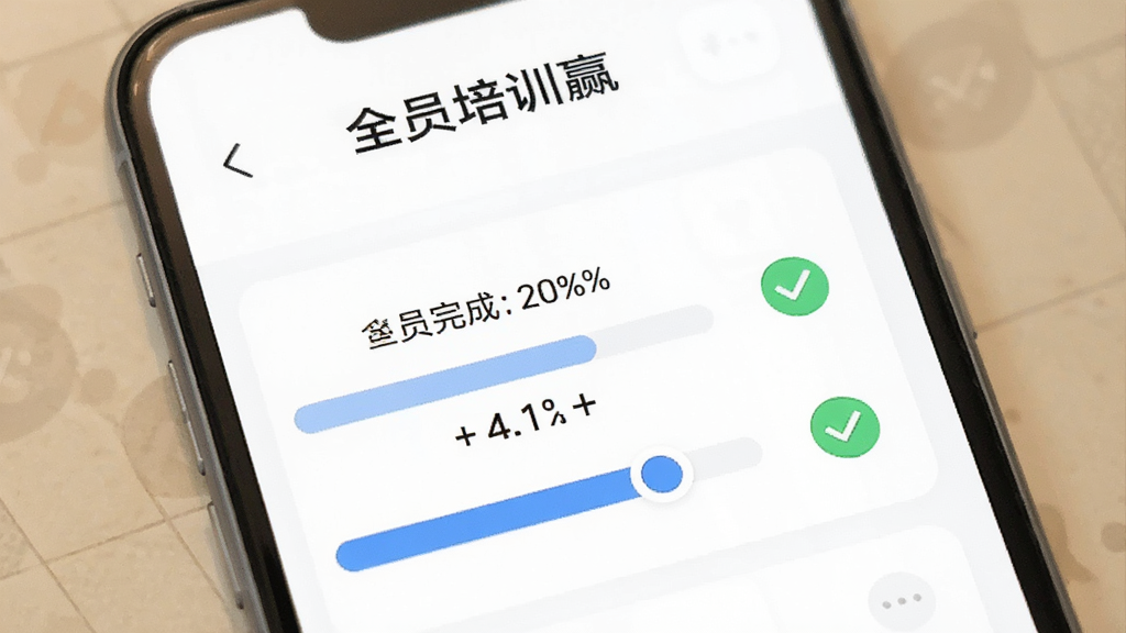 全员培训赢 学习进度页面,手机屏幕显示课程完成百分比和打勾标记,界面清爽,蓝色进度条,白色背景,包含“全员培训赢”应用名称,扁平化插画风格,画质干净无多余元素