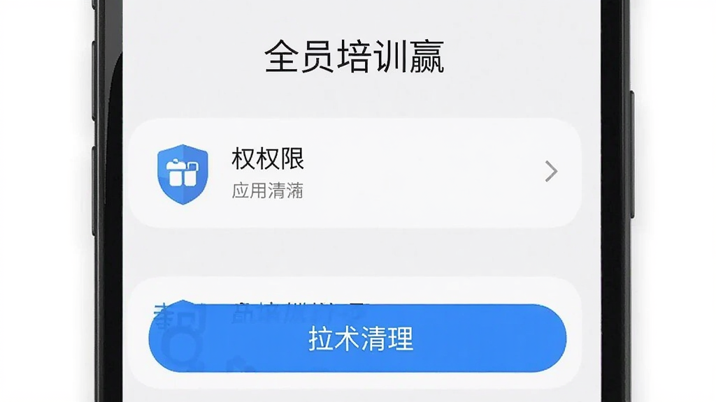 全员培训赢 手机设置页面截图,显示应用权限管理和存储清理选项,包含“全员培训赢”文字,蓝色高亮按钮,白色背景,扁平化设计,画质干净无多余元素
