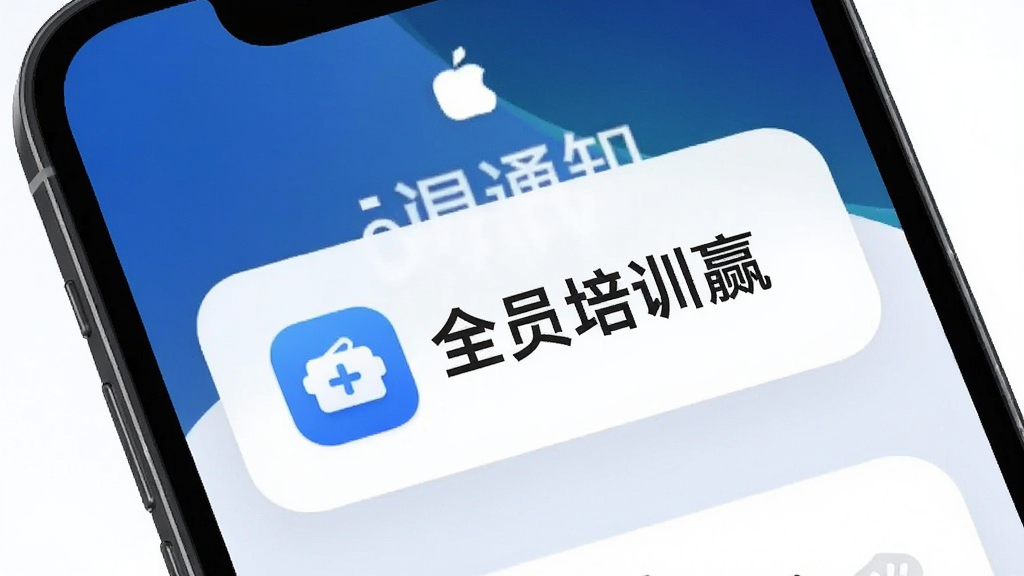 全员培训赢 消息通知界面,手机锁屏显示培训任务提醒,包含“全员培训赢”文字,简洁现代风格,蓝色图标,白色背景,细节圆润,画质清晰干净无多余元素