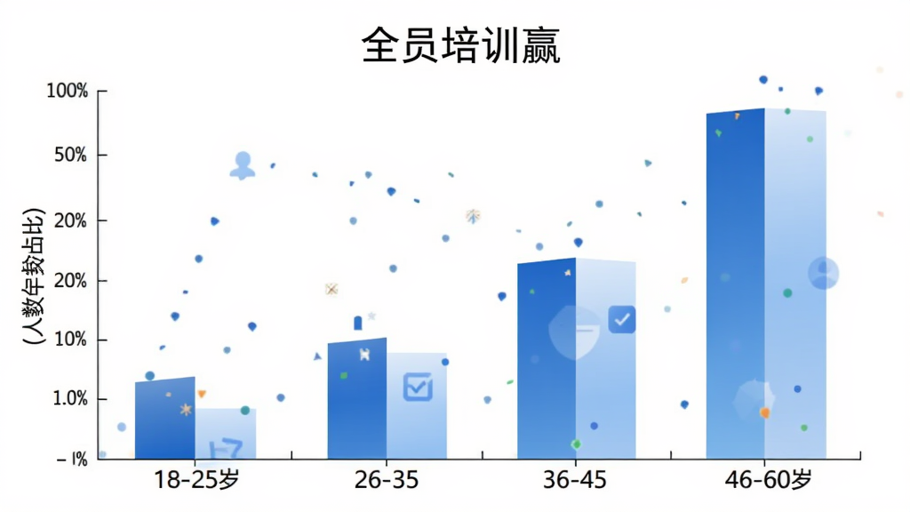 全员培训赢 用户年龄分布柱状图,横轴为18-25岁、26-35岁、36-45岁、46-60岁,纵轴为人数占比,柱状颜色蓝色渐变,白色背景,包含“全员培训赢”标题文字,数据可视化风格,画质清晰干净无多余元素