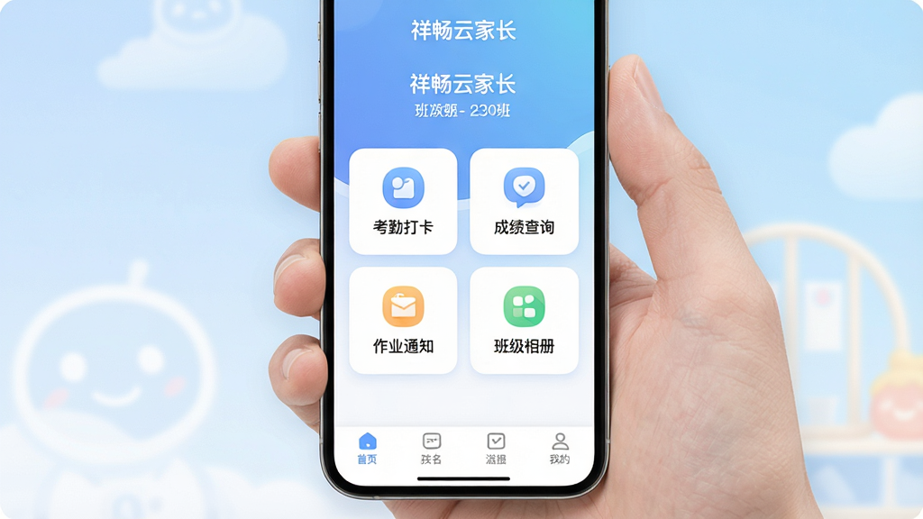 一张手机屏幕展示“祥畅云家长”应用主界面,界面干净整洁,顶部显示孩子姓名和班级,中间卡片式排列考勤打卡、成绩查询、作业通知、班级相册四个功能入口,底部导航栏清晰,背景为柔和的蓝白色渐变,风格现代扁平,图标圆润,画质清晰干净,无多余元素