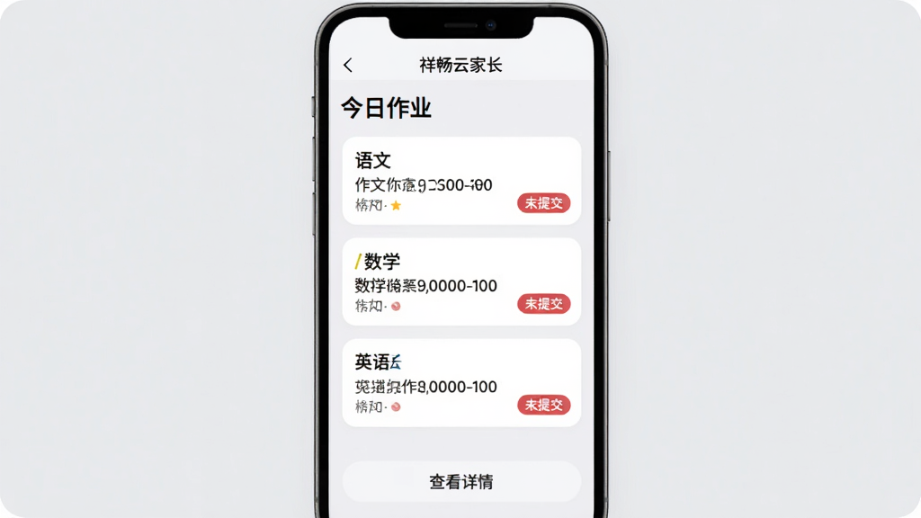 手机屏幕展示“祥畅云家长”作业通知页面,顶部显示“今日作业”标题,下方列表展示语文、数学、英语三科作业卡片,每张卡片有科目名称、作业描述和“未提交”状态标签,底部有“查看详情”按钮,背景为淡灰色,卡片为白色圆角,风格简约,画质清晰,无多余元素