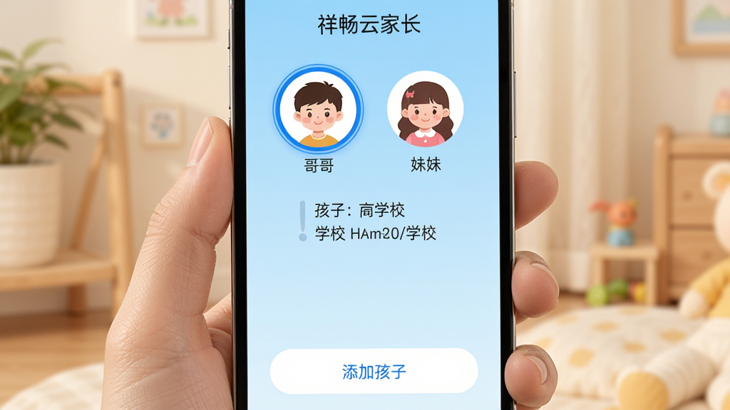 手机屏幕显示“祥畅云家长”多孩子切换界面,顶部显示两个圆形头像分别标注“哥哥”和“妹妹”,当前选中“哥哥”头像有蓝色高亮边框,下方显示对应孩子的班级和学校信息,底部有“添加孩子”按钮,背景为浅蓝色渐变,风格温馨,画质干净,无多余元素