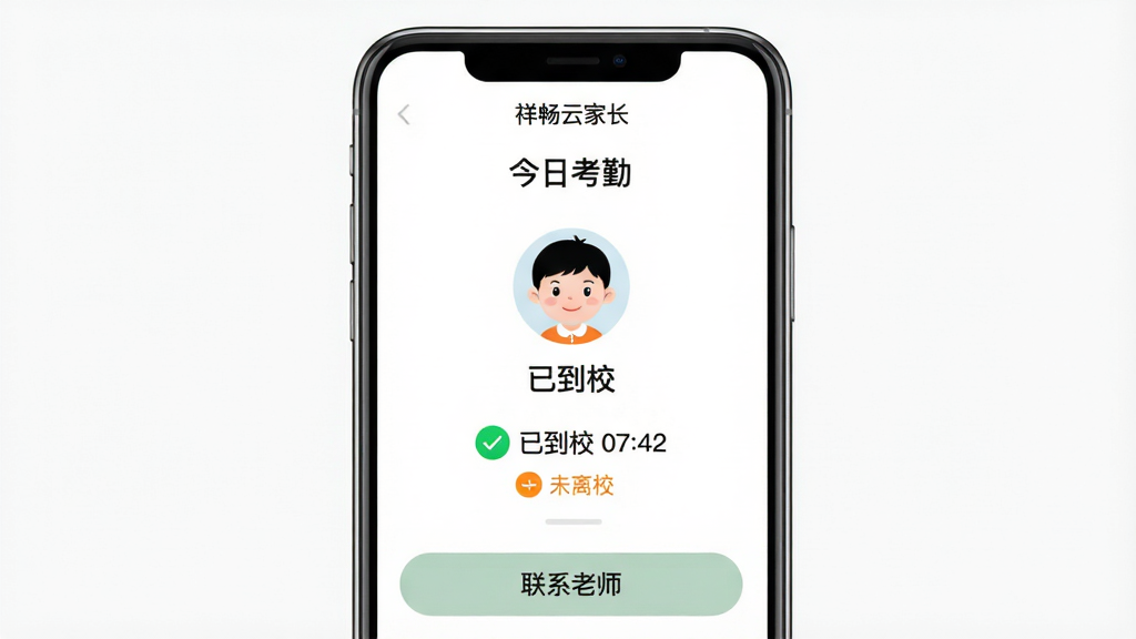 手机屏幕显示“祥畅云家长”考勤提醒通知界面,顶部显示“今日考勤”标题,中间是孩子头像和姓名,下方有绿色对勾标记“已到校 07:42”和橙色标记“未离校”,底部有“联系老师”按钮,背景简洁白色,字体清晰,风格清爽,画质干净,无多余元素