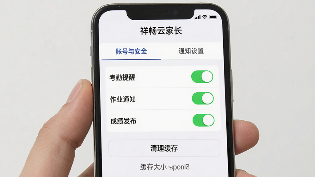 手机屏幕展示“祥畅云家长”设置页面,顶部有“账号与安全”和“通知设置”两个选项卡,当前显示通知设置,下面有“考勤提醒”“作业通知”“成绩发布”三个开关均处于开启状态,底部有“清理缓存”按钮和显示缓存大小的文字,背景为白色,风格简洁,画质干净,无多余元素