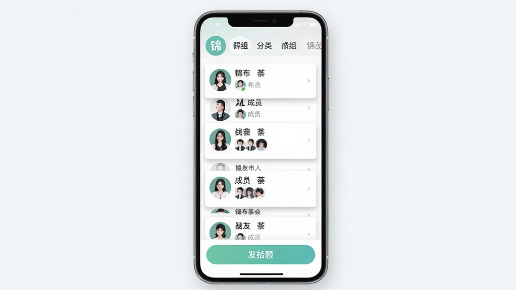 һ�Ž�������ȤȺ��ҳ��Ľ���չʾͼ������Ϊ�ֻ���Ļ������Ϊ����Ⱥ������ǩ�����в�Ⱥ�鿨Ƭ�б���ʾȺ���ƺͳ�Աͷ�񡢵ײ�������ť���Ű����룬����������죬ϸ����ͷ��ΪԲ�Ρ���Ƭ����΢ͶӰ�����ʸɾ����޶���Ԫ�أ������а�����������������